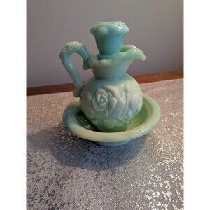 Green Milk Glass Pitcher Avon Basin Moonwind Bath Oil 5 1/2in Tall Vintage 70's